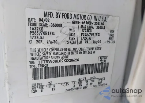 2002 Ford F-150 Lariat/Xlt z USA, uszkodzony, nr VIN 1FTRW08L82KD28620